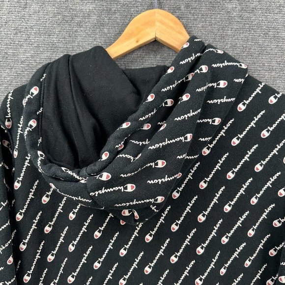 Champion Jumper Mens Large All Over Print Reverse Weave Hoodie Pullover Black - Picture 8 of 11